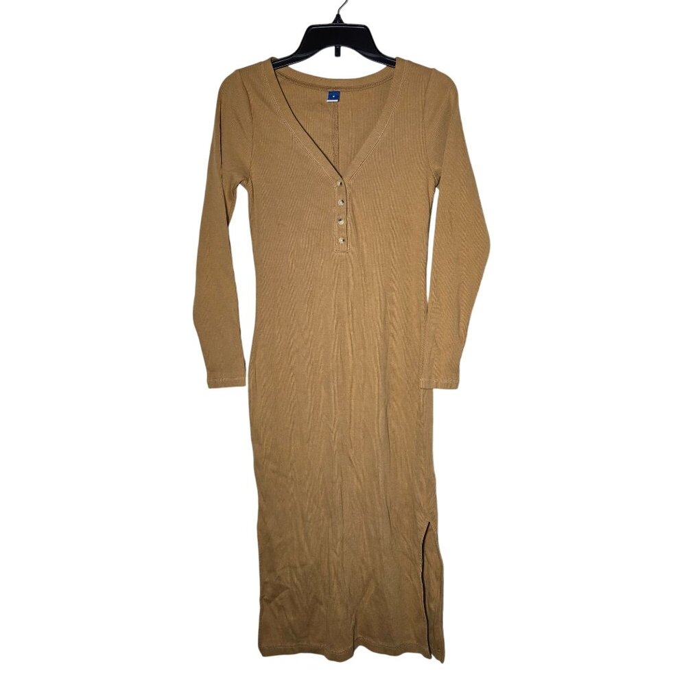 Old Navy Rib-Knit Henley Midi Long Sleeve Dress Size Medium Acacia Fall Winter - Picture 2 of 11